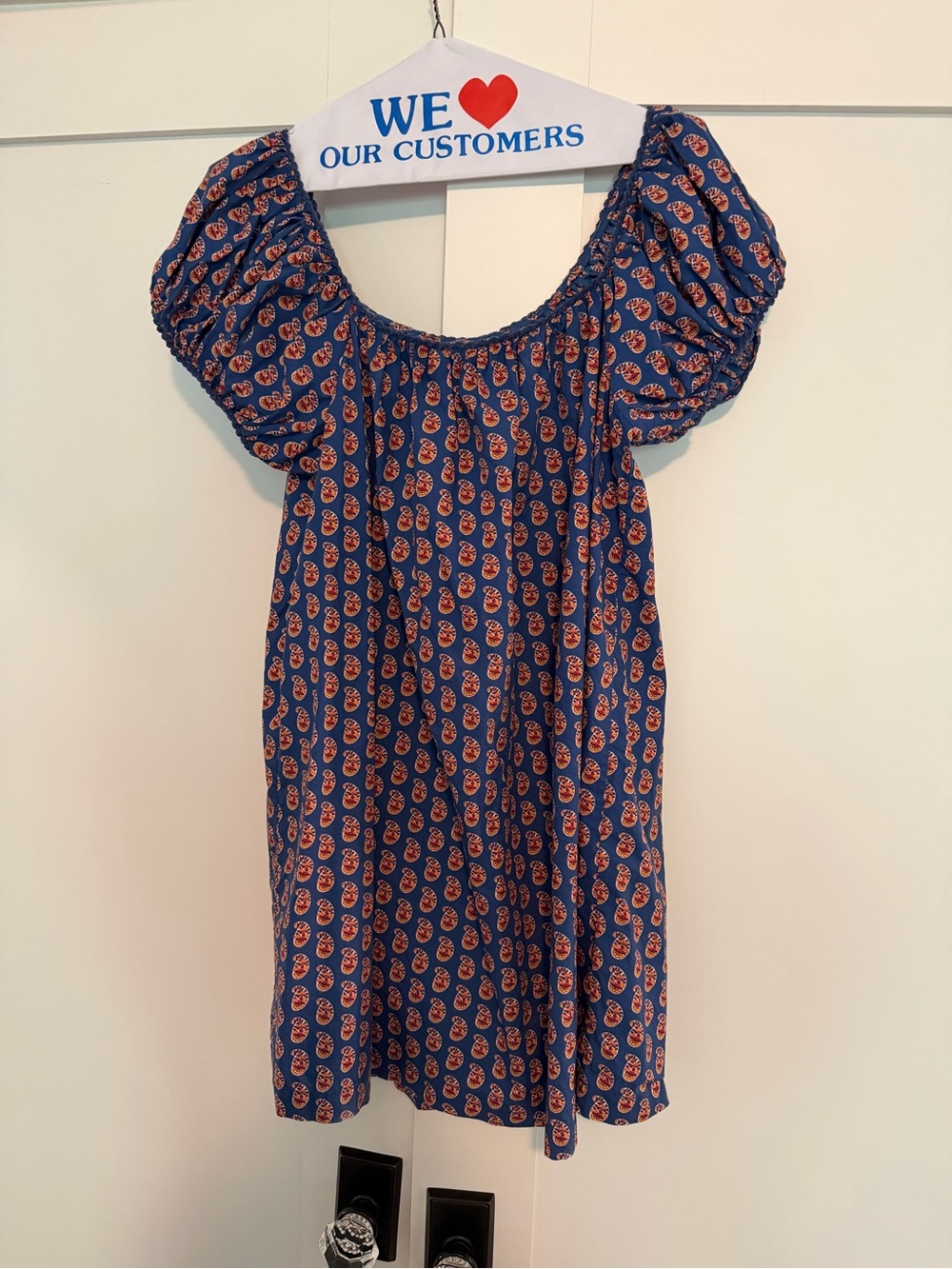 Doen Navy Puff-Sleeve Dress with Red Paisley Print